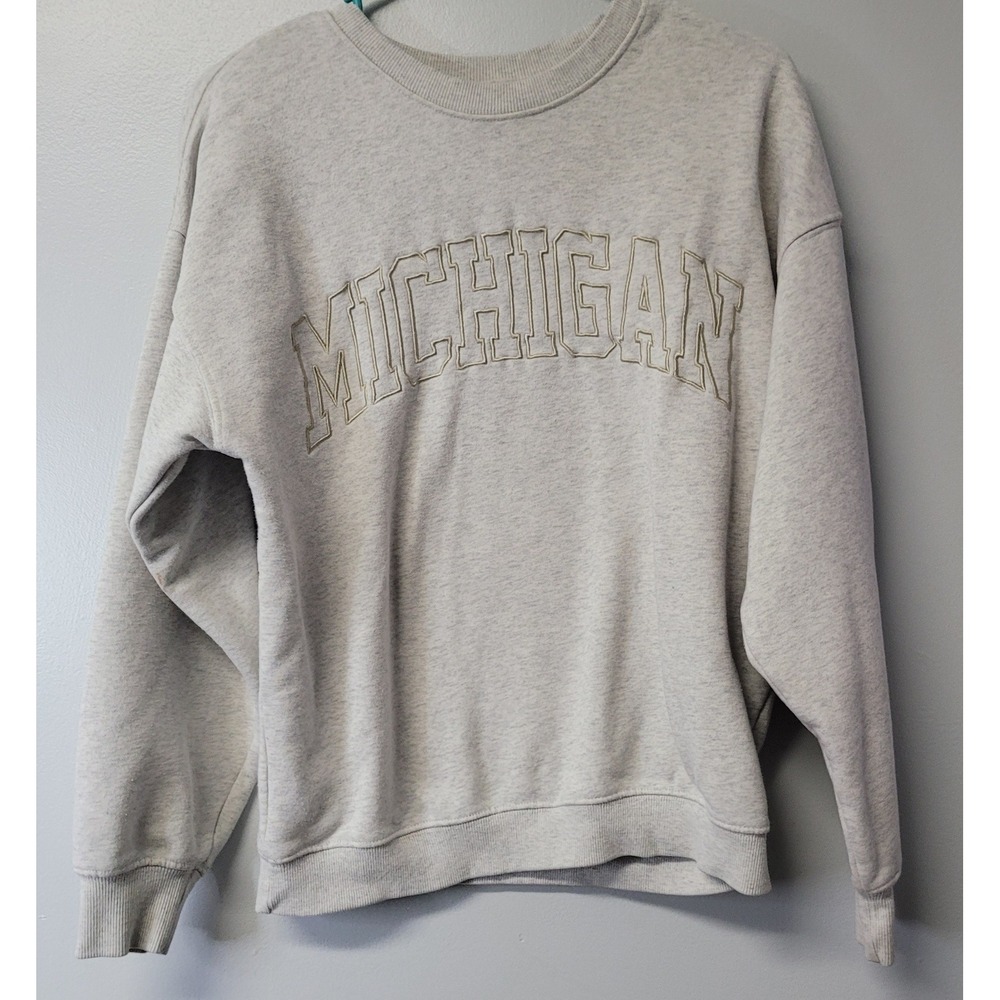 State of Mine‎ Michigan Embroidered Crew Neck Pullover Sweatshirt Gray XS XL